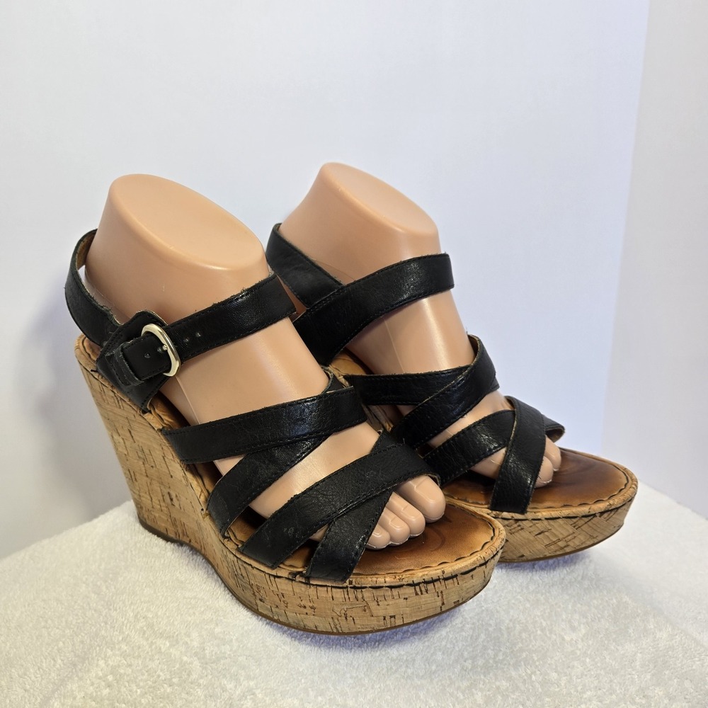Born Womens Size 9 Leather Strappy Black Cork Wedge Sandals D57603 CQA15 Y2K